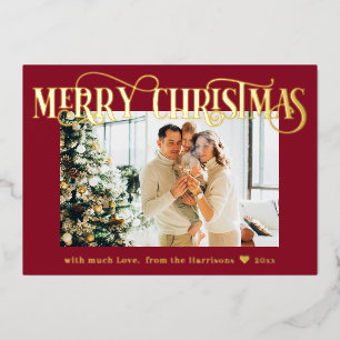 Merry Christmas Elegant Gold Photo Red Foil Holiday Card