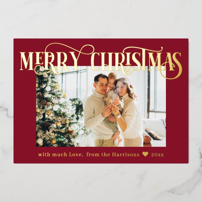 Merry Christmas Elegant Gold Photo Red Foil Holiday Card (Front)