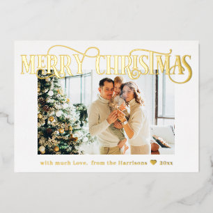 Merry Christmas Elegant Gold Photo White  Foil Holiday Card