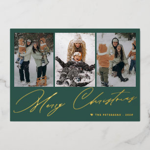 Merry Christmas elegant gold script 3 photo green Foil Holiday Card