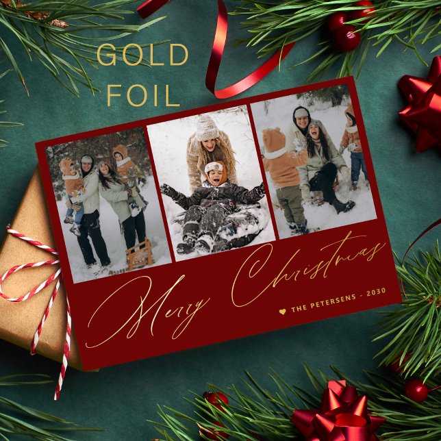 Merry Christmas elegant gold script 3 photo red Foil Holiday Card (Creator Uploaded)