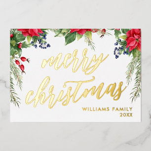 Merry Christmas Elegant Gold Script Floral Foliage Foil Holiday Card