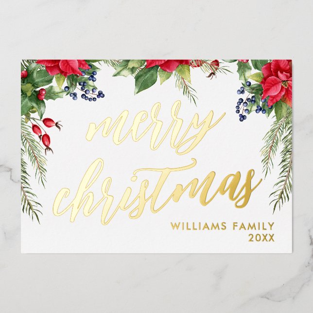 Merry Christmas Elegant Gold Script Floral Foliage Foil Holiday Card (Front)