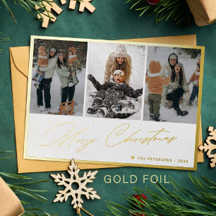 Merry Christmas elegant gold script photo collage Foil Holiday Card