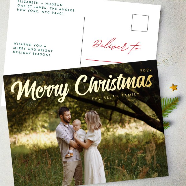 Merry Christmas Elegant Gold Script Photo Foil Holiday Postcard (Creator Uploaded)