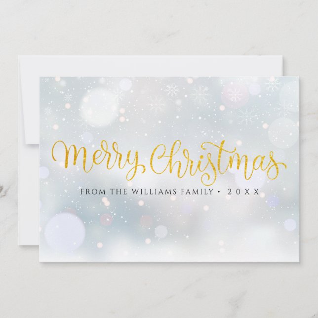 Merry Christmas Elegant Gold Script Snowflakes Holiday Card (Front)