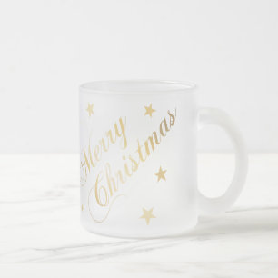Merry Christmas Elegant Gold Script Stars Frosted Glass Coffee Mug