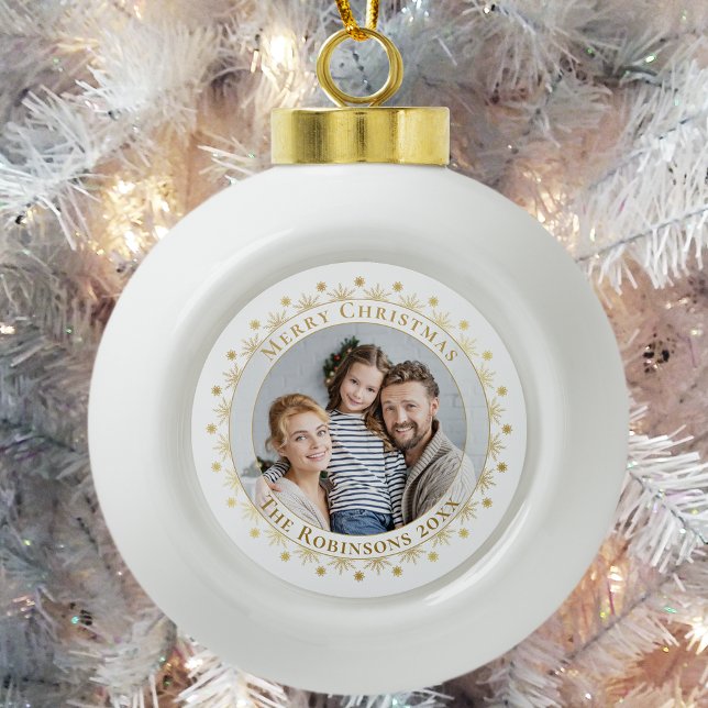Merry Christmas Elegant Gold Snowflake Photo Ceramic Ball Christmas Ornament (Creator Uploaded)