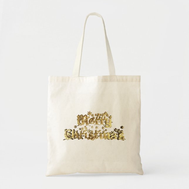 Merry Christmas Elegant Gold Stars Typography Tote Bag (Front)