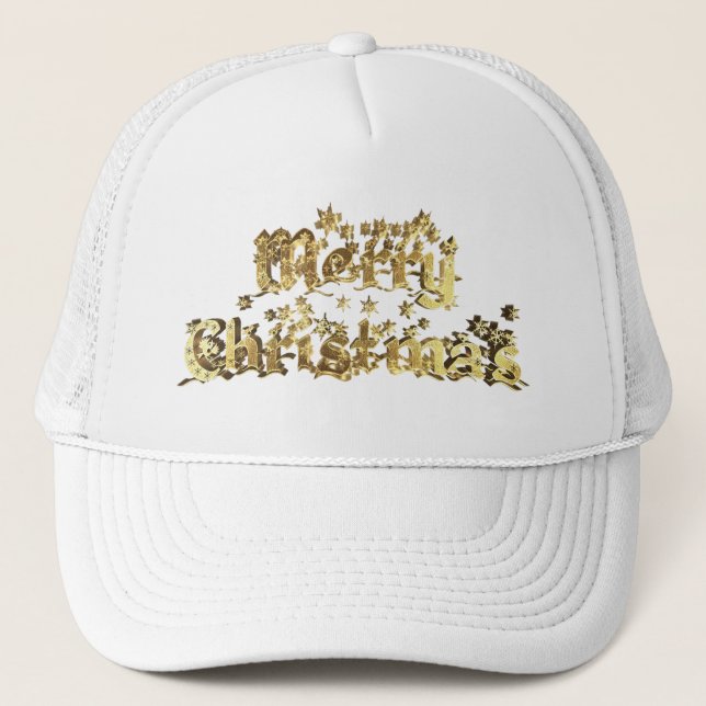 Merry Christmas Elegant Gold Stars Typography Trucker Hat (Front)