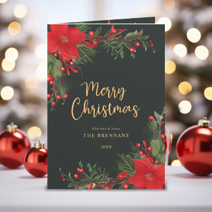Merry Christmas Elegant Green Red Botanical Holiday Card