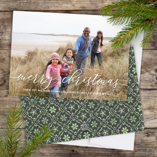 Merry Christmas Elegant Green Snowflake 1 Photo Holiday Card