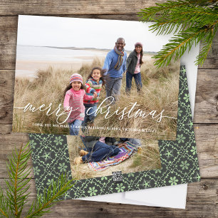 Merry Christmas Elegant Green Snowflake Two Photo Holiday Card