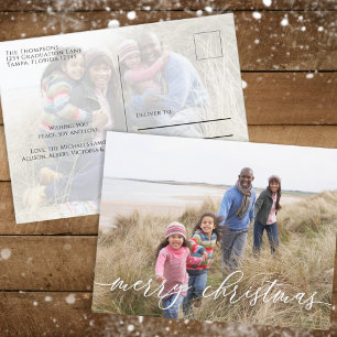 Merry Christmas Elegant Green Snowflake Two Photo Holiday Postcard