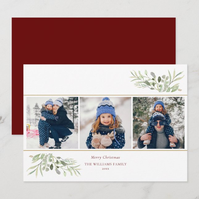 Merry Christmas Elegant Greenery Modern 3 Photo Holiday Card (Front/Back)