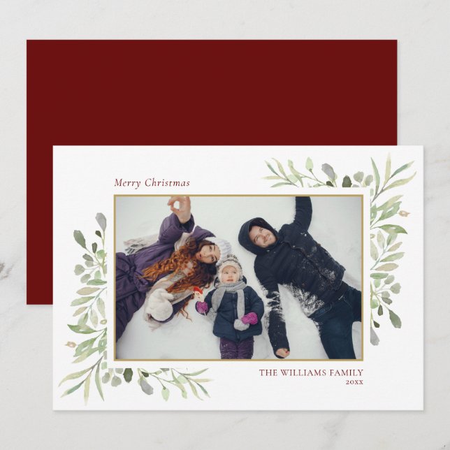 Merry Christmas Elegant Greenery Photo Holiday Card (Front/Back)