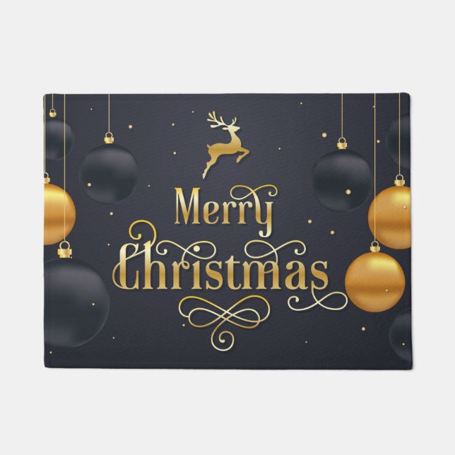 Merry Christmas Elegant Holiday Black Gold Doormat (Front)