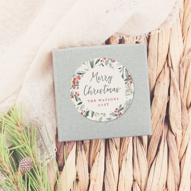 Merry Christmas Elegant Holly & Pine Holiday Classic Round Sticker (Creator Uploaded)