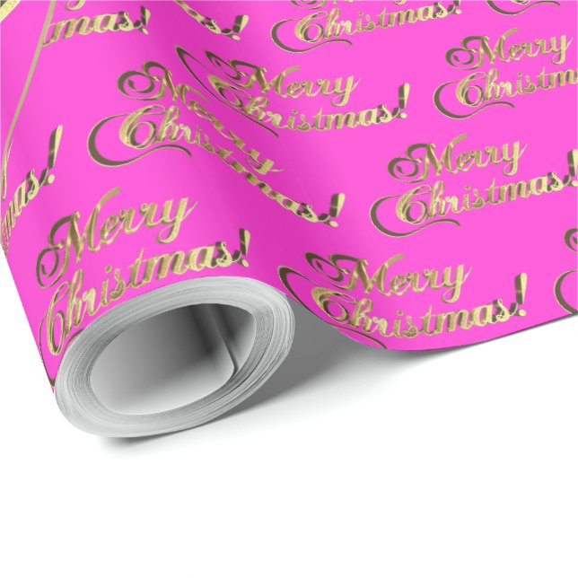 Merry Christmas Elegant Hot Pink Gold Script Wrapping Paper (Roll Corner)