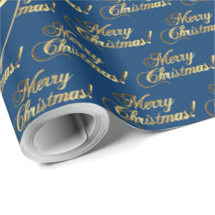 Merry Christmas Elegant Midnight Blue Gold Script Wrapping Paper