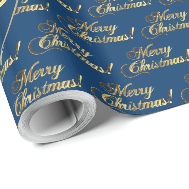 Merry Christmas Elegant Midnight Blue Gold Script Wrapping Paper (Roll Corner)