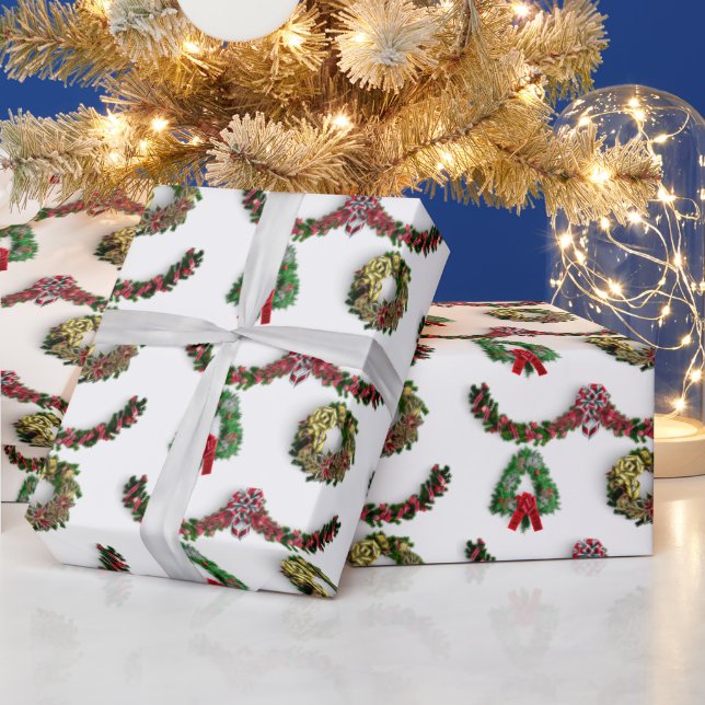 Merry Christmas Elegant Modern Garland Wreath Wrapping Paper (Holidays)