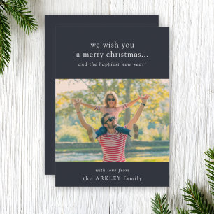 Merry Christmas   Elegant Navy Blue Family Photo  Holiday Card