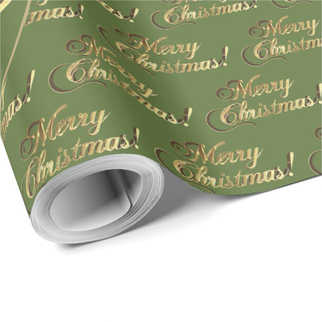 Merry Christmas Elegant Olive Green Gold Script Wrapping Paper (Roll Corner)