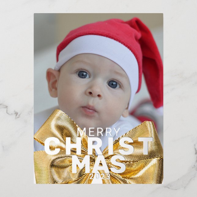 Merry Christmas elegant one photo  Foil Holiday Postcard (Front)