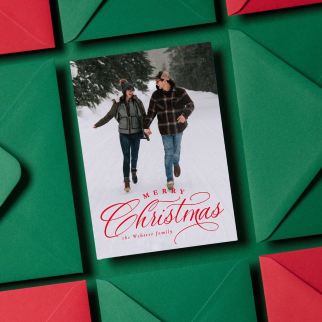 Merry Christmas elegant one photo red Holiday Card (Creator Uploaded)