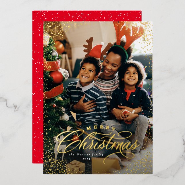 Merry Christmas elegant one photo snow frame Foil Holiday Card (Front/Back)