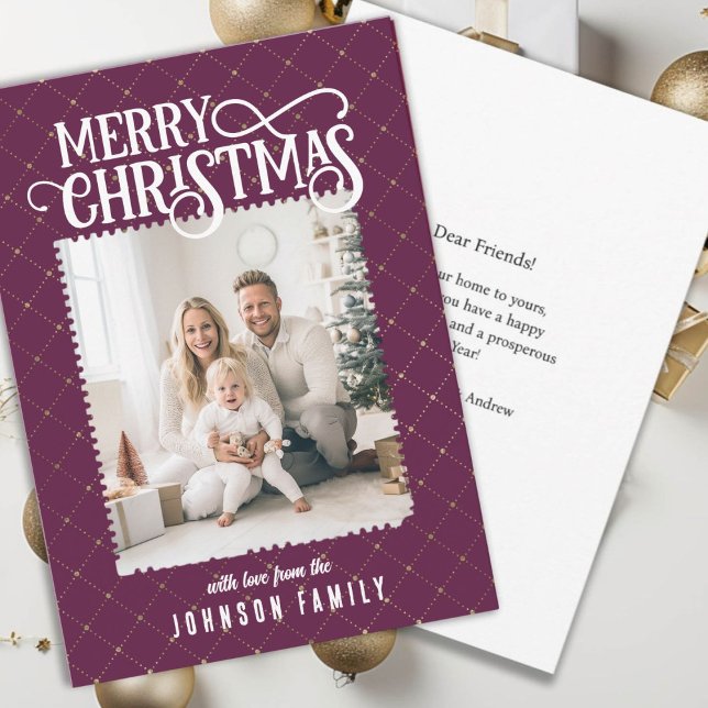Merry Christmas! Elegant Pattern Plum Photo Card  (Merry Christmas! Elegant Pattern Plum Photo Card)