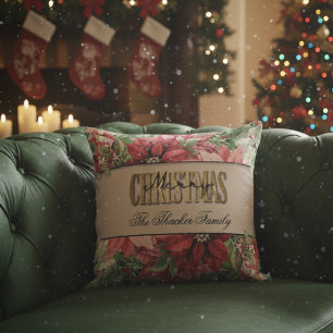 Merry Christmas Elegant Poinsettia Family Name Cushion