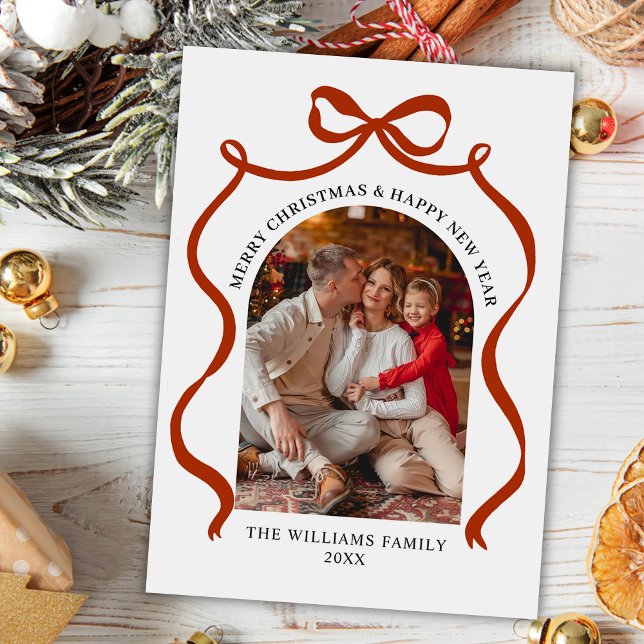 Merry Christmas Elegant Red Bow Photo Holiday Card (Creator Uploaded)