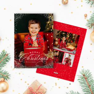 Merry Christmas elegant red four photo snow frame Holiday Card