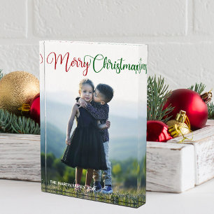 Merry Christmas Elegant Red Green Script Family Photo Block