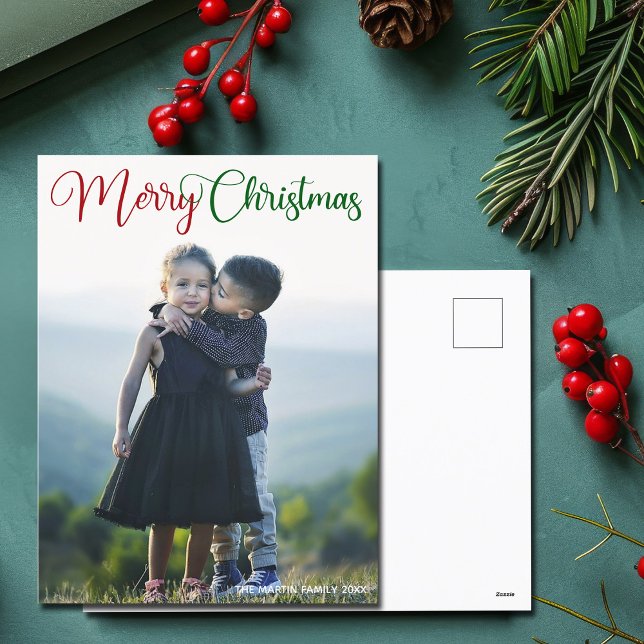 Merry Christmas Elegant Red Green Typography Photo Holiday Postcard (Creator Uploaded)