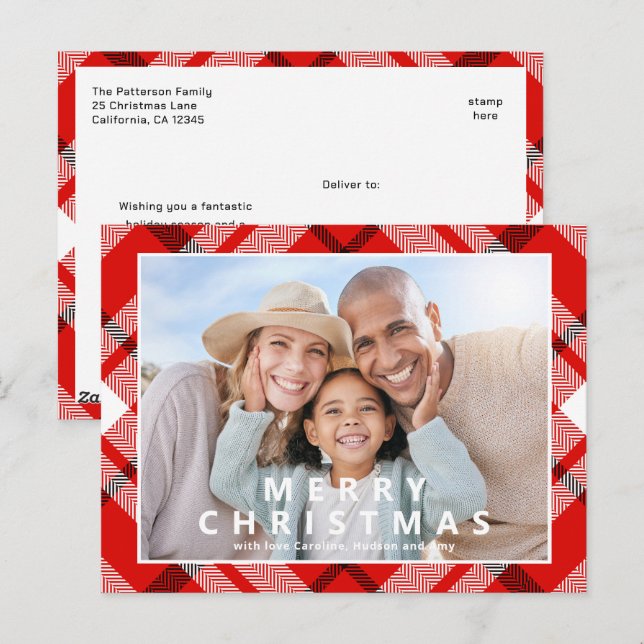 Merry Christmas Elegant Red Plaid Photo Holiday Postcard (Front/Back)