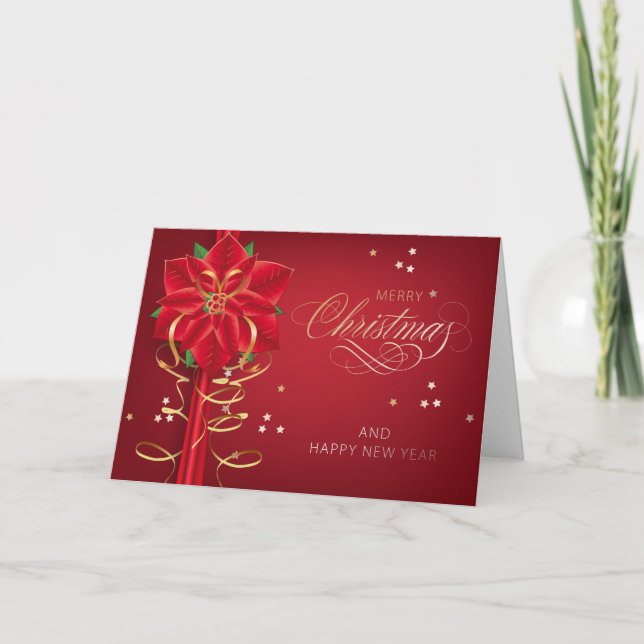 Merry Christmas Elegant Red Poinsettia Flower Holiday Card (Front)