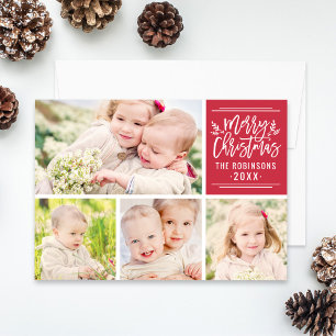 Merry Christmas Elegant Red Script Photo Collage Holiday Card