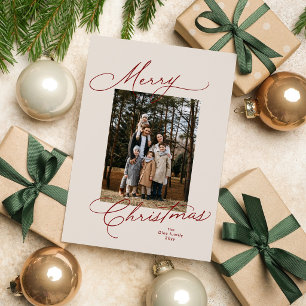 Merry Christmas elegant red script photo Holiday Card