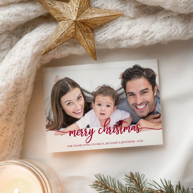Merry Christmas Elegant Red Script Photo Holiday Postcard (Creator Uploaded)