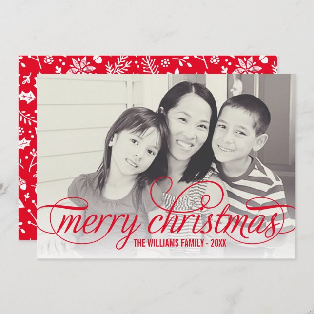 Merry Christmas Elegant Red Script Photo Overlay Holiday Card (Front/Back)