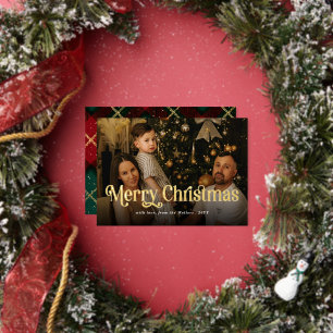 Merry Christmas Elegant Retro Photo Tartan Plaid Foil Holiday Card