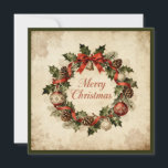 Merry Christmas-Elegant Rustic Simple Typography  Holiday Card<br><div class="desc">Celebrate the season with this vintage Christmas wreath design. Featuring holly leaves, pinecones, red ornaments, and a festive ribbon arranged in a classic circle, this greeting captures the charm of traditional rustic holiday décor. The aged beige background and elegant script create a warm nostalgic feeling, perfect for those who love...</div>