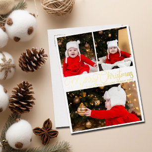 Merry Christmas Elegant Script 3 Family Photo Gold Foil Holiday Postcard