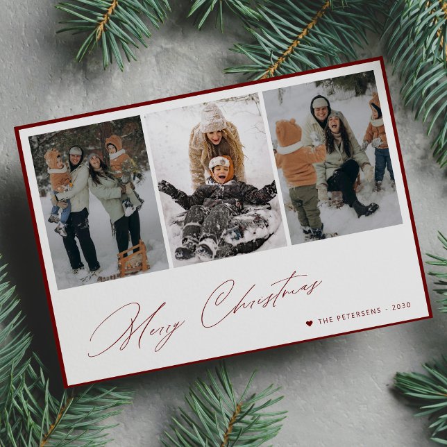 Merry Christmas elegant script 3 photo collage Holiday Card (Creator Uploaded)
