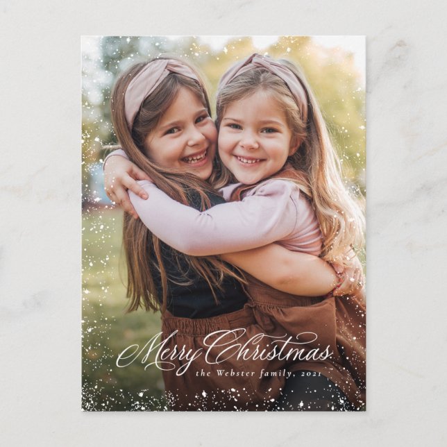 Merry Christmas elegant script classic one photo Holiday Postcard (Front)