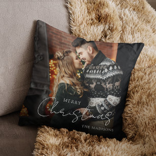 Merry Christmas Elegant Script Couple Photo Cushion