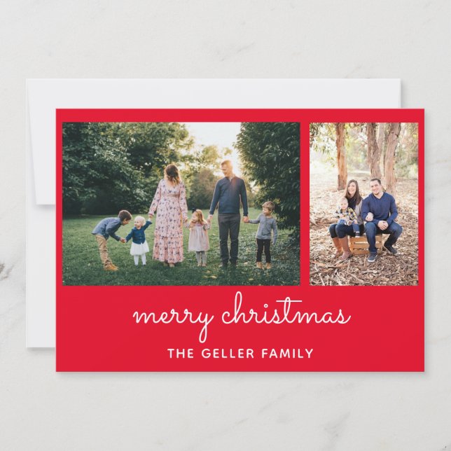 Merry Christmas Elegant Script Double Photo Holiday Card (Front)
